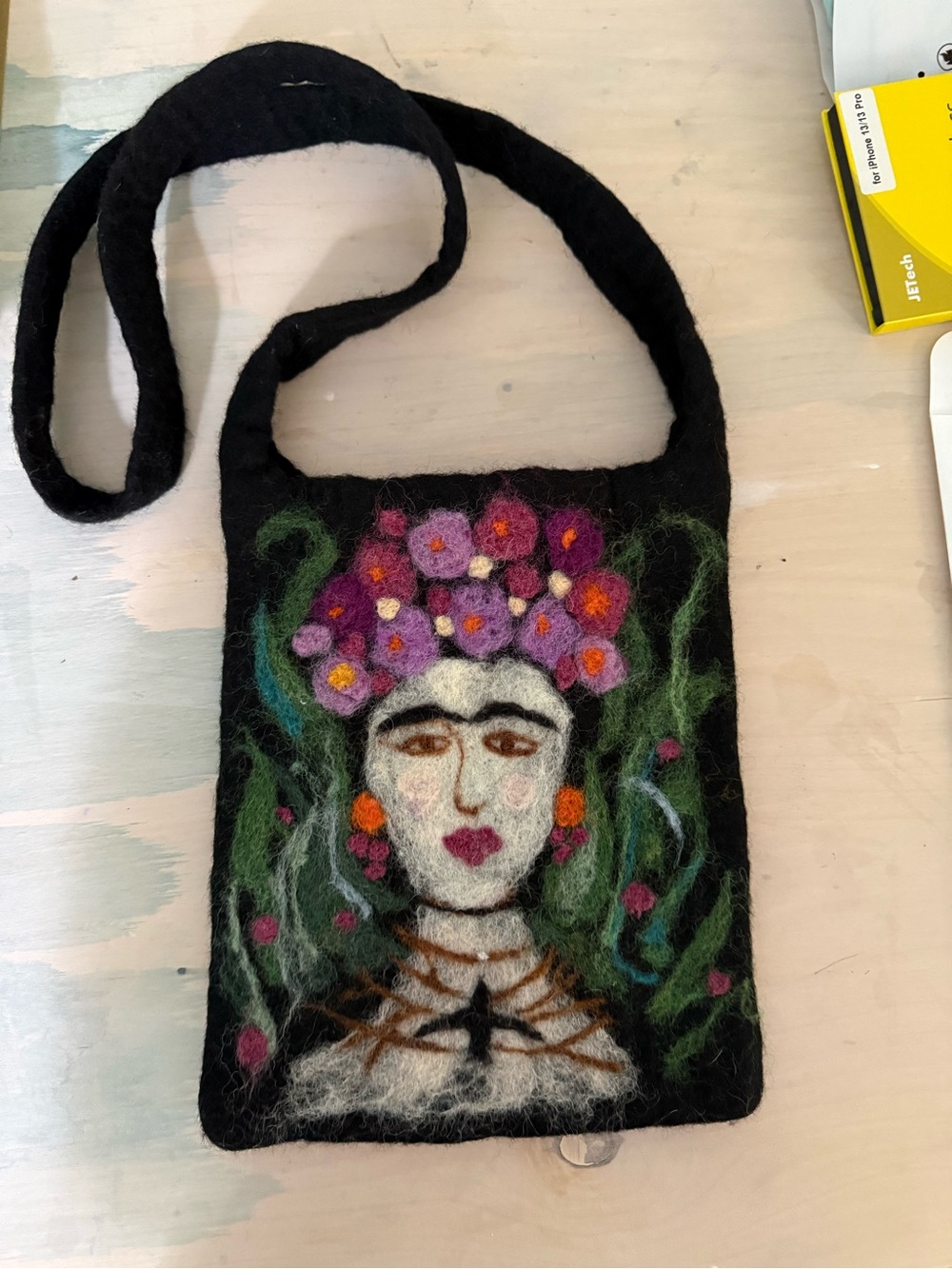 Handfelt Black Wool Crossbody Bag with Floral Frida Kahlo Portrait
